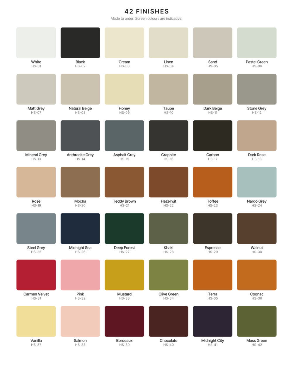 The 42 made to order finishes available for Headspastore head spa units