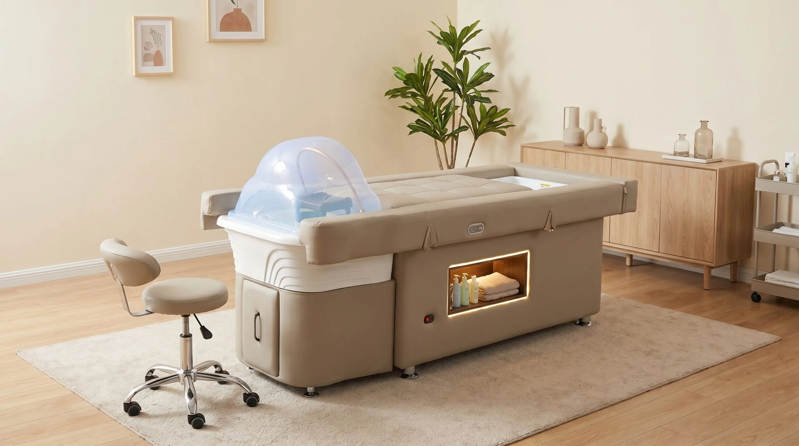 Head spa table with light-therapy dome in a bright salon