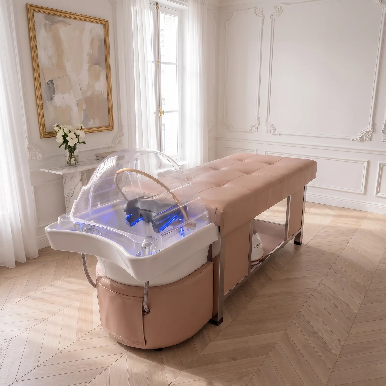 Komorebi head spa table with light-therapy dome in a bright salon